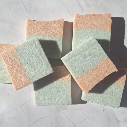 pink and light blue soap bar
