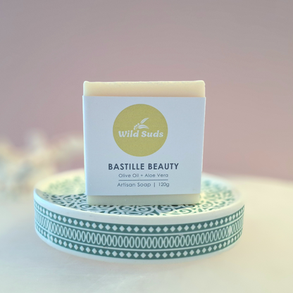 bastille soap on soap dish with pink background